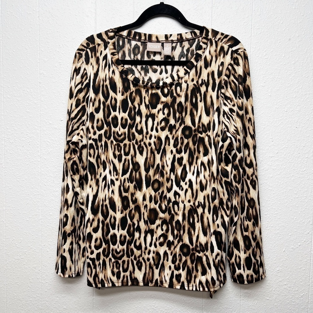 Chico's Animal Print Womens Top Large Stretch Feminine Chic Elegant Classic